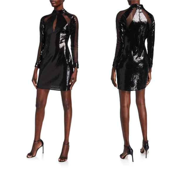 Aidan By Aidan Mattox Sequin & Mesh Inset Mock-Neck Long-Sleeve